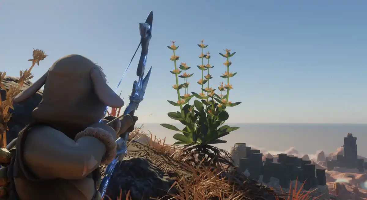 O personagem do jogador em Enshrouded puxa seu arco e aponta para uma planta com flores amarelas na beira de um penhasco.