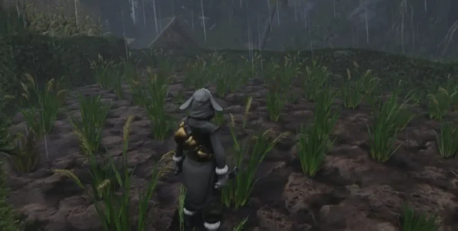 Uma imagem em Enshrouded mostrando o jogador parado em frente à grama em um campo arado.