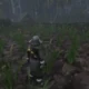 Uma imagem em Enshrouded mostrando o jogador parado em frente à grama em um campo arado.