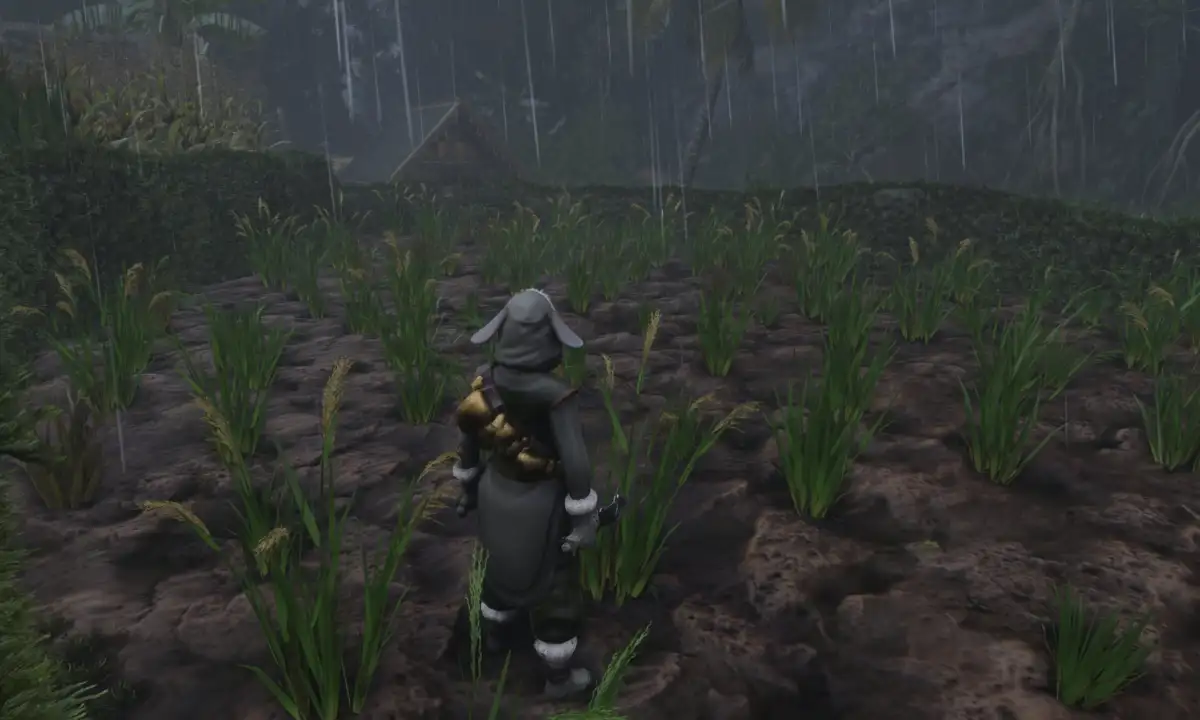 Uma imagem em Enshrouded mostrando o jogador parado em frente à grama em um campo arado.