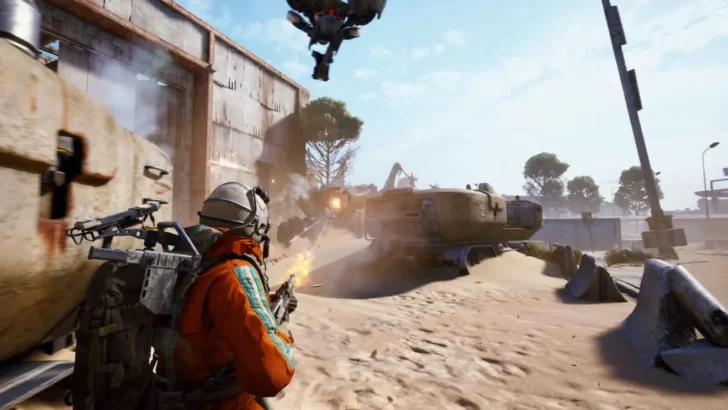 Captura de tela do jogo ARC Raiders onde os jogadores estão atirando em um Bastião