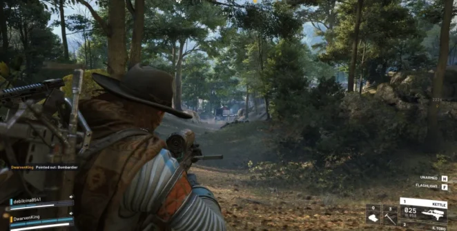 Um jogador em um bioma de selva mirando em um enorme robô em ARC Raiders.