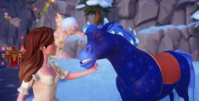 acariciando o cavalo azul estrelado no Disney Dreamlight Valley