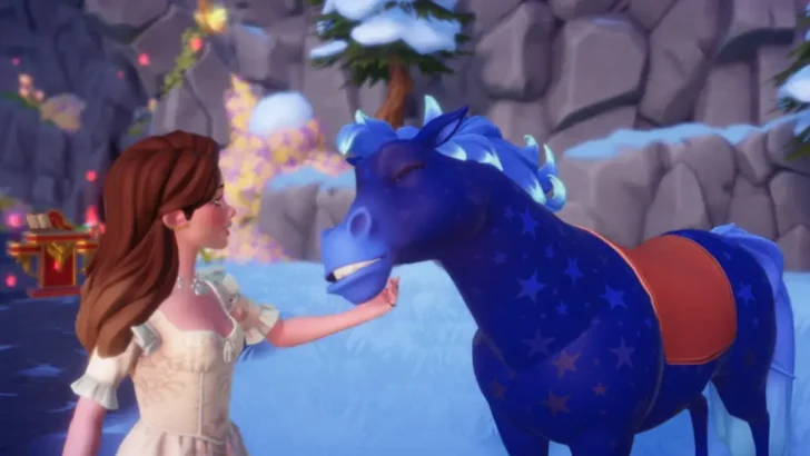 acariciando o cavalo azul estrelado no Disney Dreamlight Valley