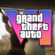 Logotipo do GTA 6 com dois ladrões de banco ao fundo.