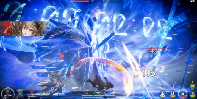Uma captura de tela de Arknights: Endfield mostrando a tela de combate. Um personagem ataca um monstro gigante.