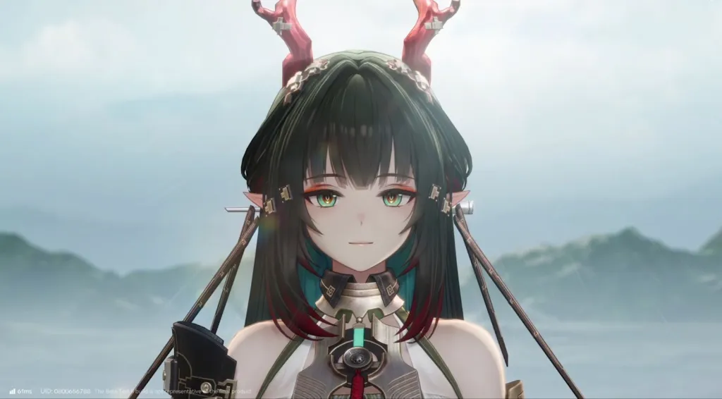 Uma personagem feminina de Arknights: Endfield. Ela tem longos cabelos verdes e orelhas de elfo.