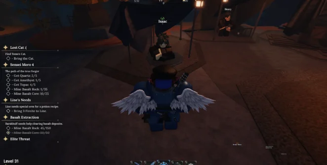 Localização do NPC Isaac no Reino Esquecido na experiência The Forge Roblox.