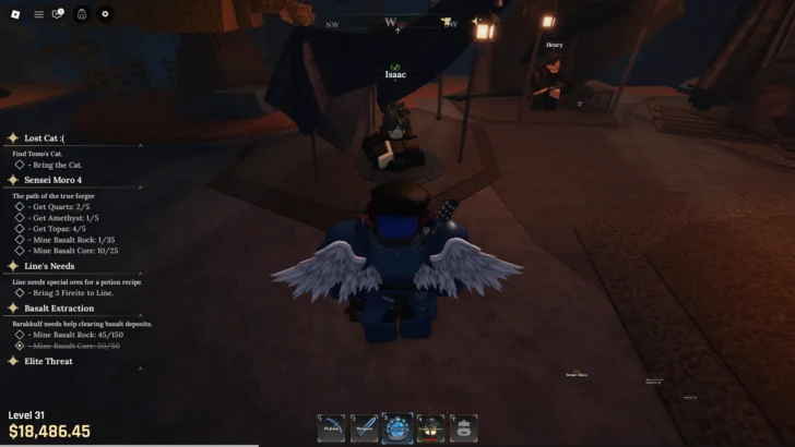 Localização do NPC Isaac no Reino Esquecido na experiência The Forge Roblox.