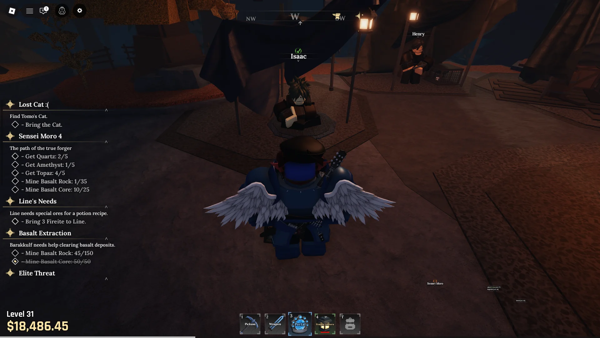 Localização do NPC Isaac no Reino Esquecido na experiência The Forge Roblox.