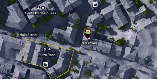 O edifício da Torre Vermelha em um mapa 3D da cidade enterrada em ARC Raiders.