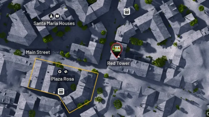 O edifício da Torre Vermelha em um mapa 3D da cidade enterrada em ARC Raiders.