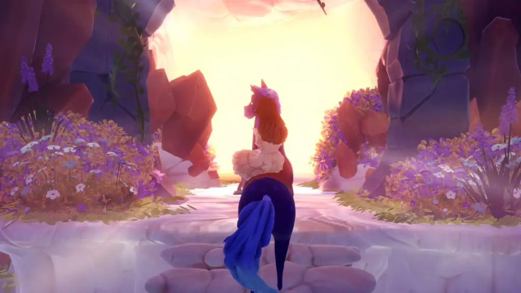 Andando a cavalo na primeira caverna de cristal no Disney Dreamlight Valley