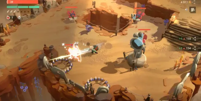 Uma captura de tela de Moonlighter 2 mostrando o combate, com um garoto de cabelos brancos esfaqueando um inimigo com uma lança.