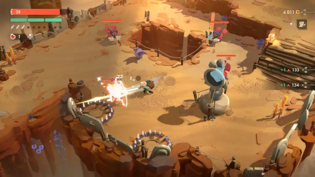Uma captura de tela de Moonlighter 2 mostrando o combate, com um garoto de cabelos brancos esfaqueando um inimigo com uma lança.