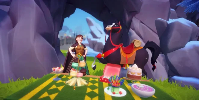 Posando com Khan à mesa com receitas do Wishblossom Ranch no Disney Dreamlight Valley