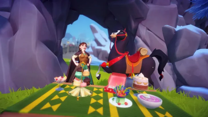 Posando com Khan à mesa com receitas do Wishblossom Ranch no Disney Dreamlight Valley