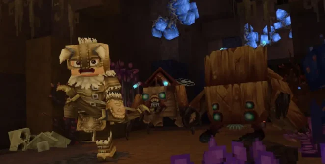 Um personagem fugindo de um monstro em Hytale.