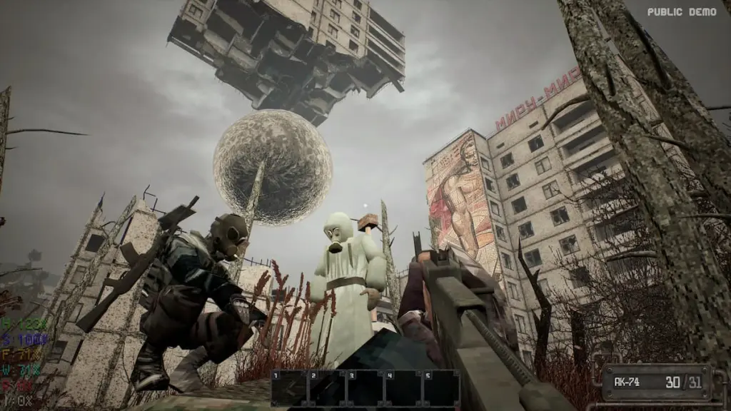 Vários personagens de Misery parados no que parece ser Pripyat, na Ucrânia.