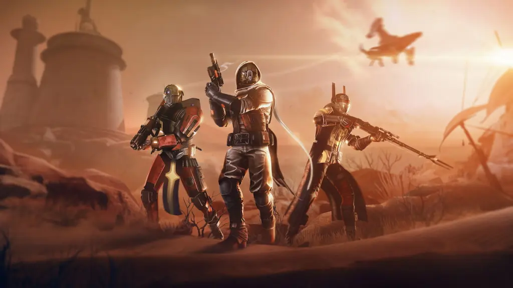 Três guardiões vestidos com armaduras inspiradas em Star Wars estão em um deserto no espaço.