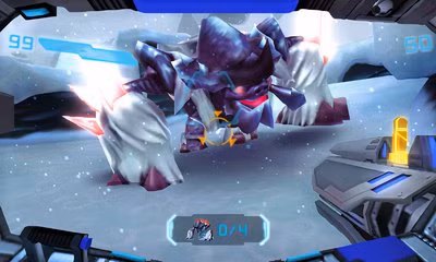 Um monstro de gelo ataca um soldado em Metroid Prime: Federation Force.