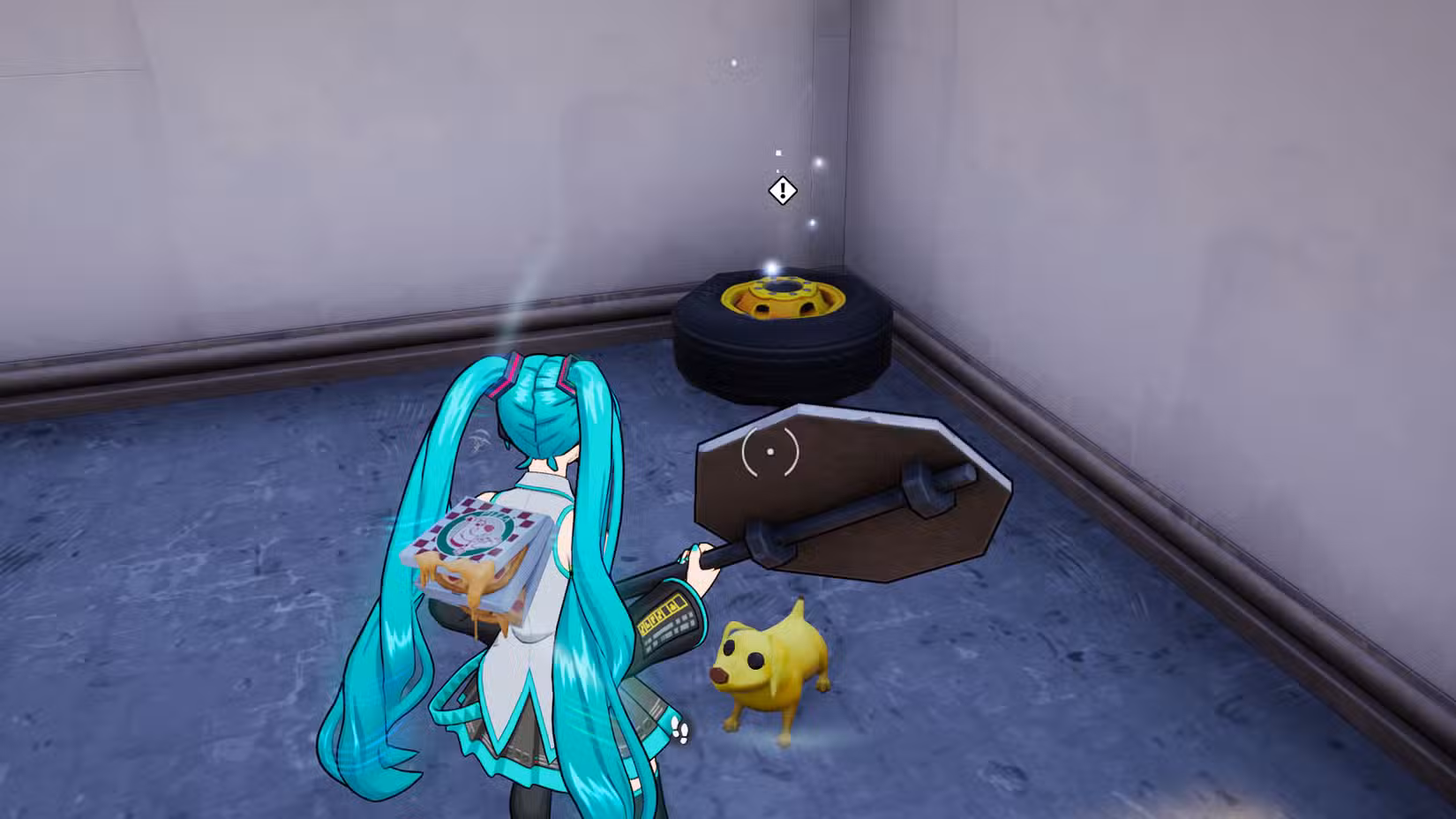 Hatsune Miku e seu cachorro Peely em frente a uma roda de ônibus de batalha em Fortnite.