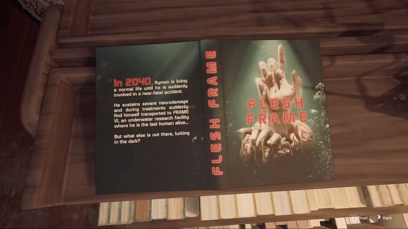 Um livro do jogo chamado "Moldura de carne" parece ser uma referência ao SOMA.