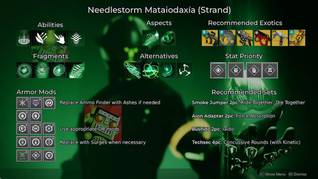 Uma construção usando Mataiodoxía e Strand em Destiny 2. Possui: Threadling Grenades, Weaver's Call, the Wanderer, Thread of Generation/Continuity/Warding/Evolution e Weaver's Call com The Wanderer. 