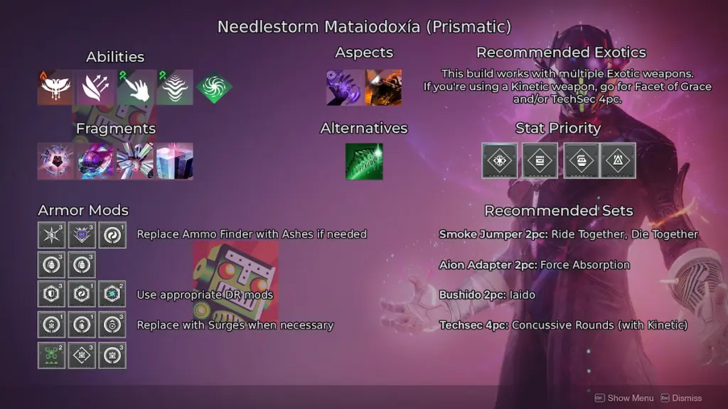 Uma construção Mataiodoxía com Needlestorm, Facet of Courage/Dominance/Hope/Protection/Equilíbrio, Arcane Needle, Threadling Grenades, Feed the Void e Hellion.