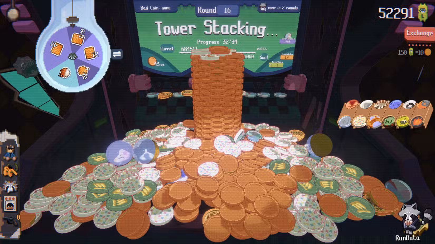 Torre de moedas Raccoin empilhada no meio de um tabuleiro