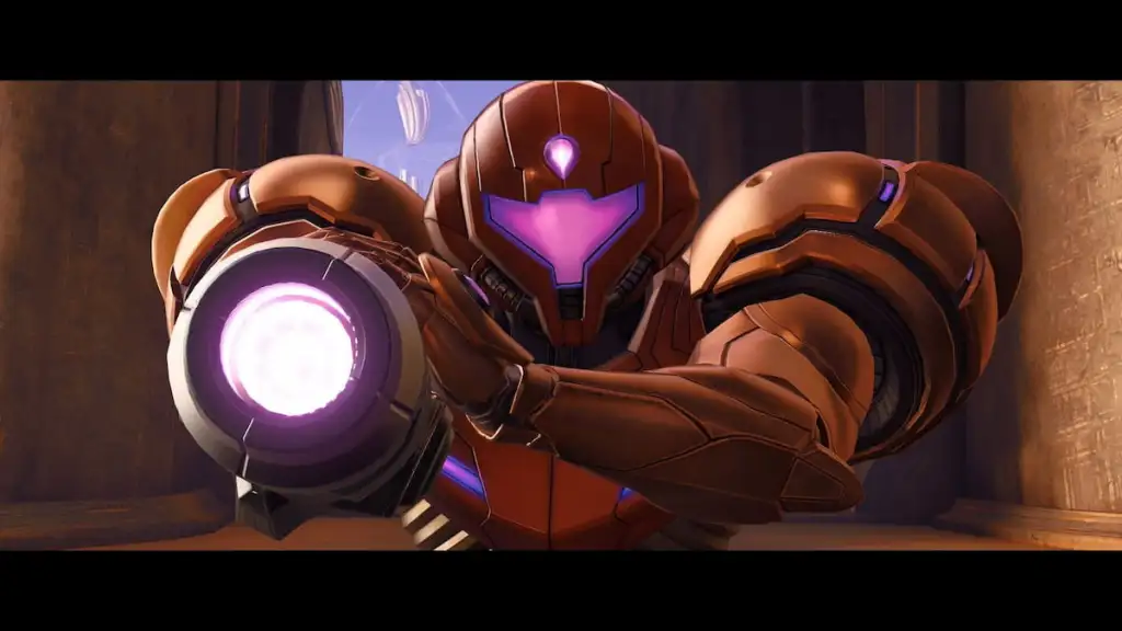 Samus mirando na tela em Metroid Prime 4