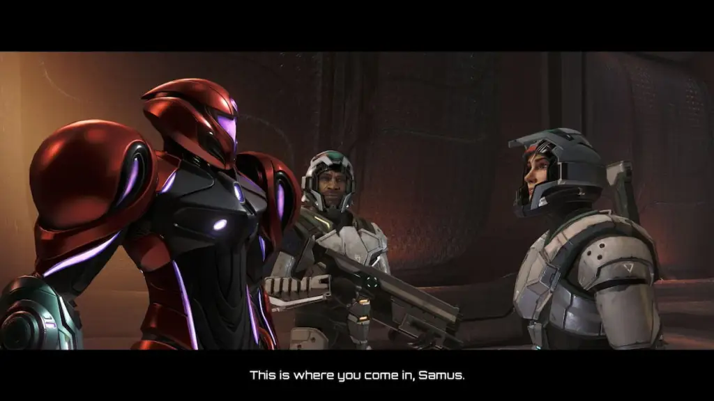 Samus com soldados em Metroid Prime 4: Beyond