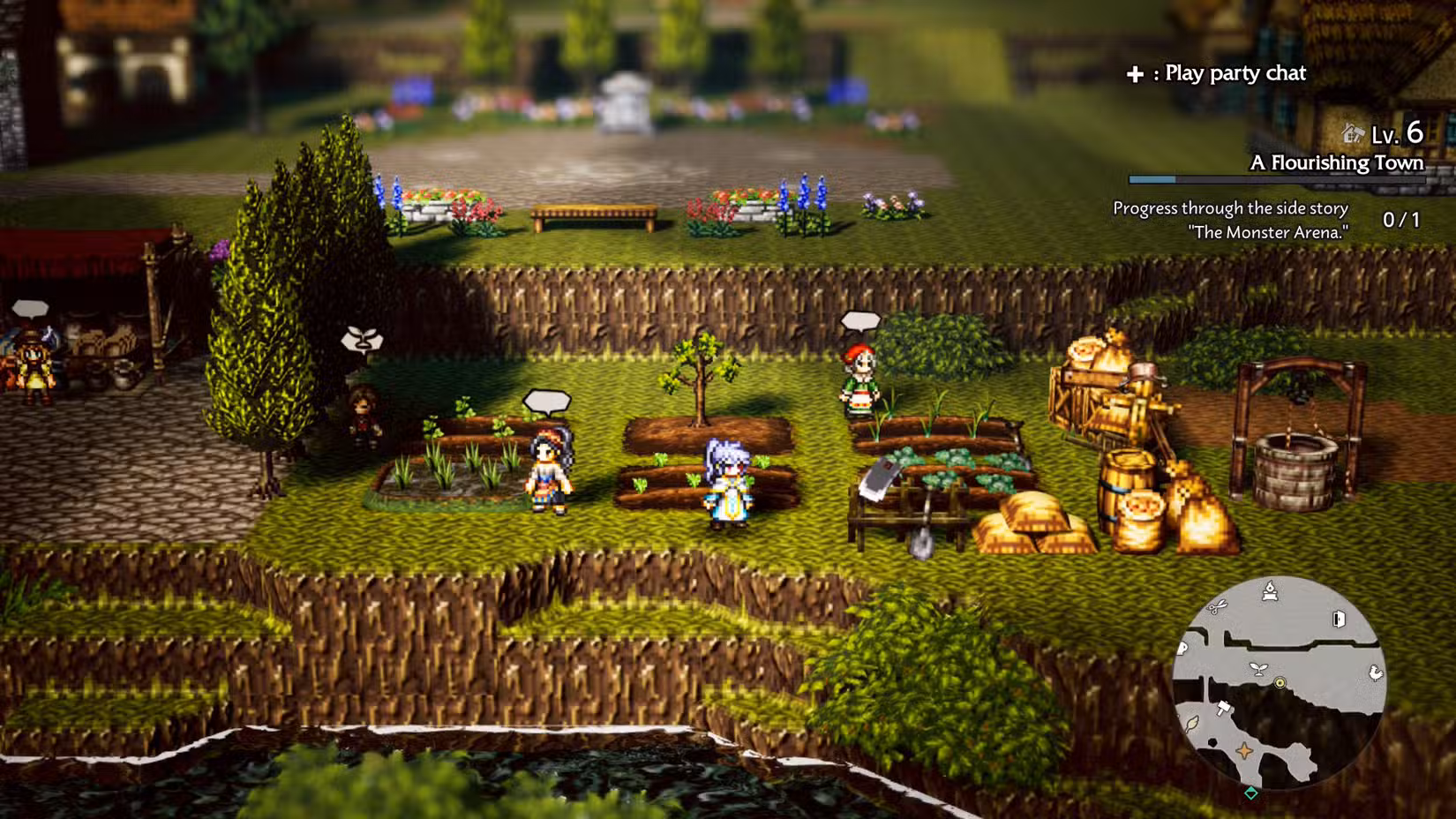 Uma captura de tela do Octopath Traveler 0 mostrando a pequena fazenda que você tem no jogo