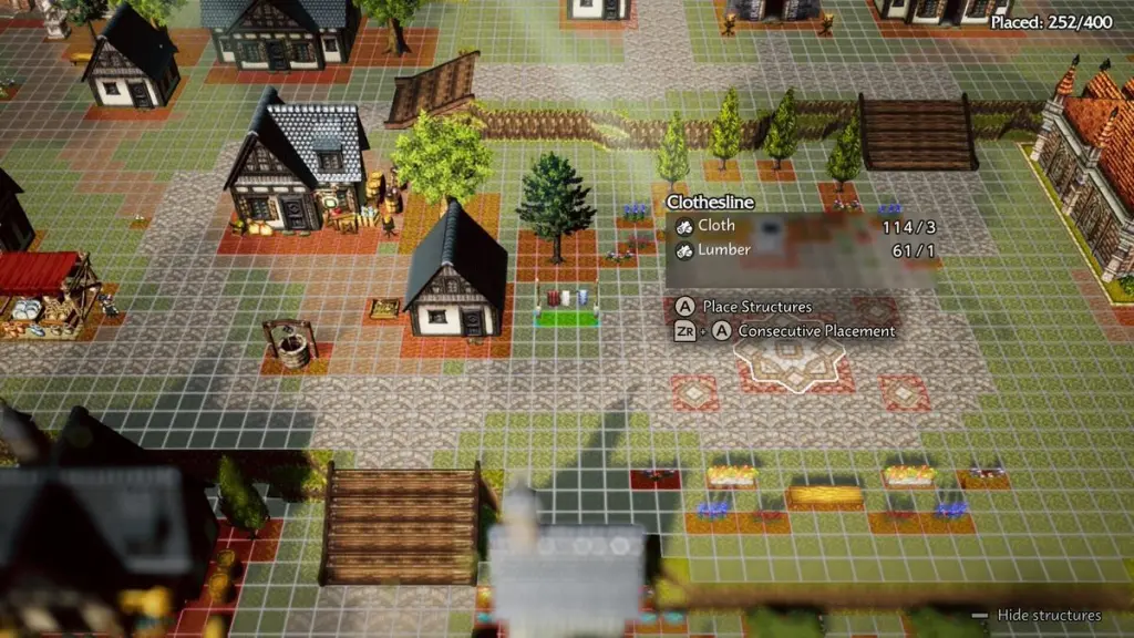 Uma captura de tela mostrando o jogador em Octopath Traveler 0 colocando um varal próximo a uma casa de pedra.