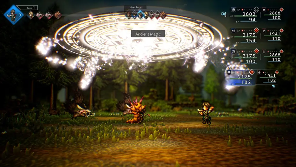 Alexia usa sua Ultimate Technique em Octopath Traveller 0, invocando um círculo branco gigante acima de sua cabeça e fazendo chover destruição.