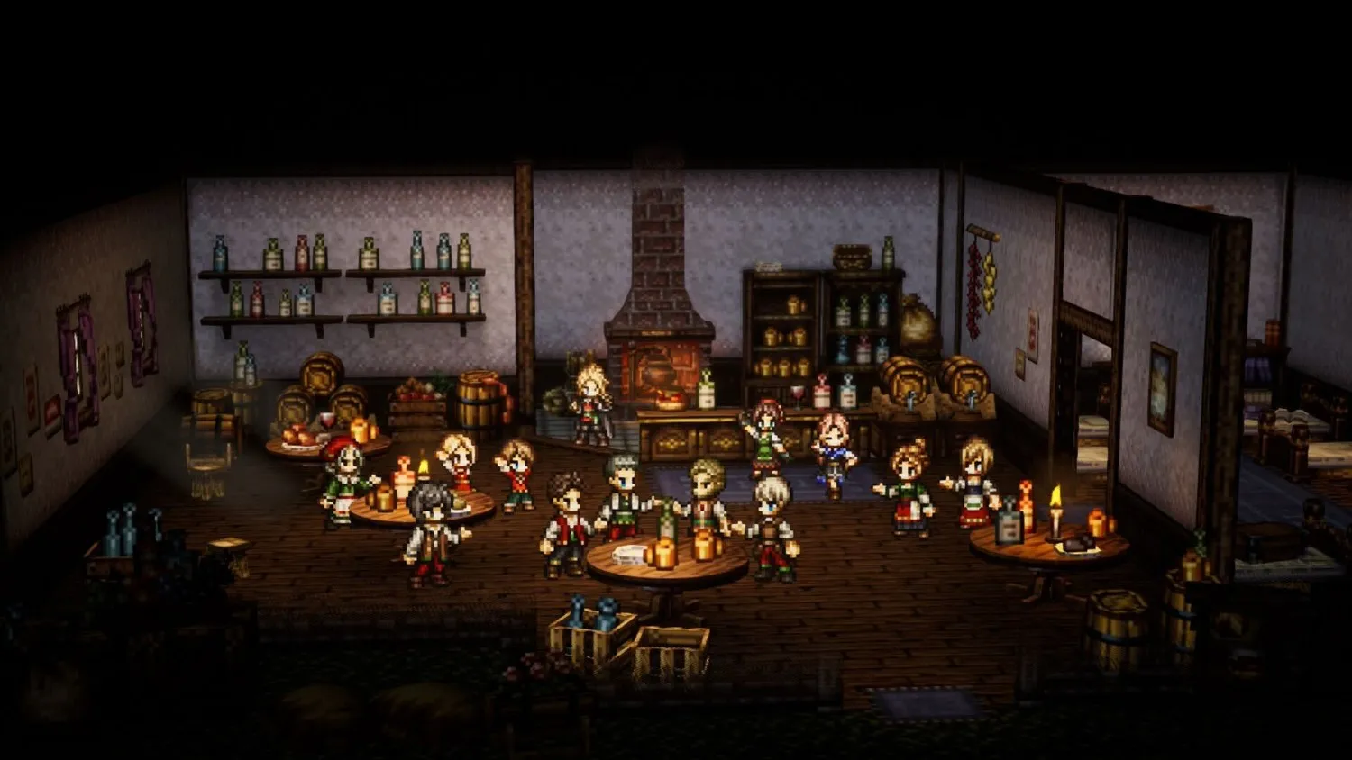 Uma captura de tela do Octopath Traveller retratando uma taverna cheia de homens e mulheres pixelados.