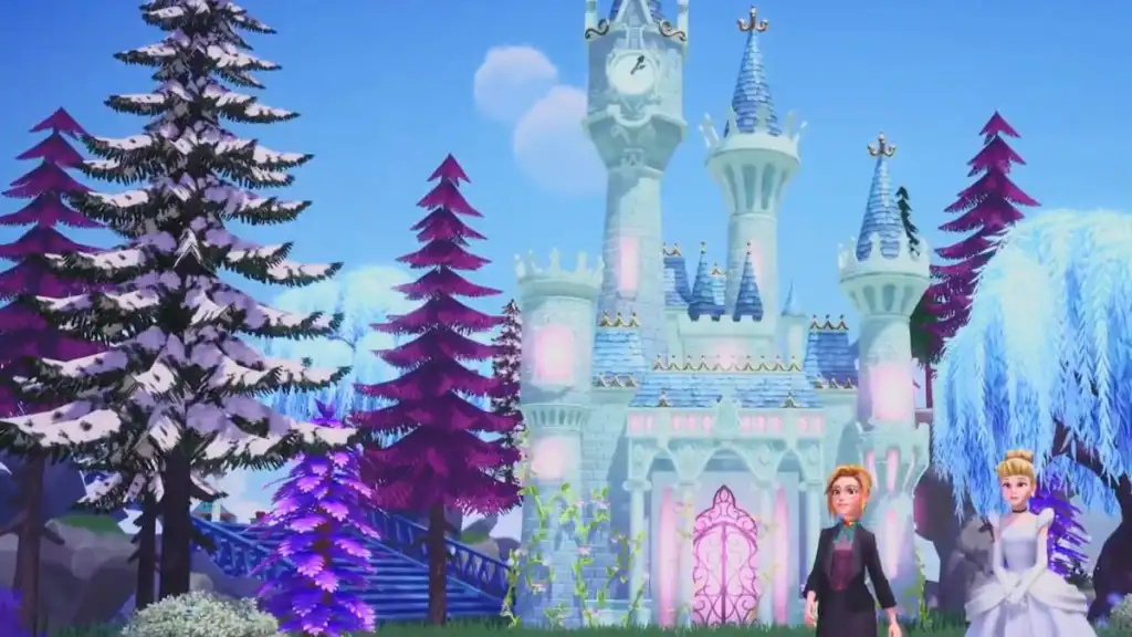 Jogador e Cinderela caminhando em frente ao castelo no Disney Dreamlight Valley