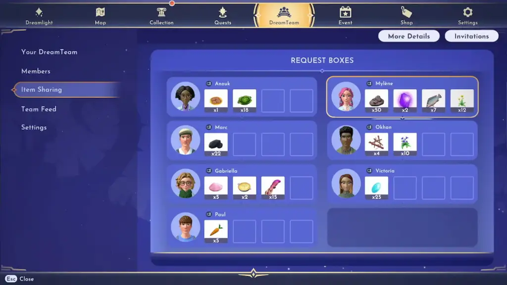 Recurso de caixa de solicitação do DreamTeam no Disney Dreamlight Valley
