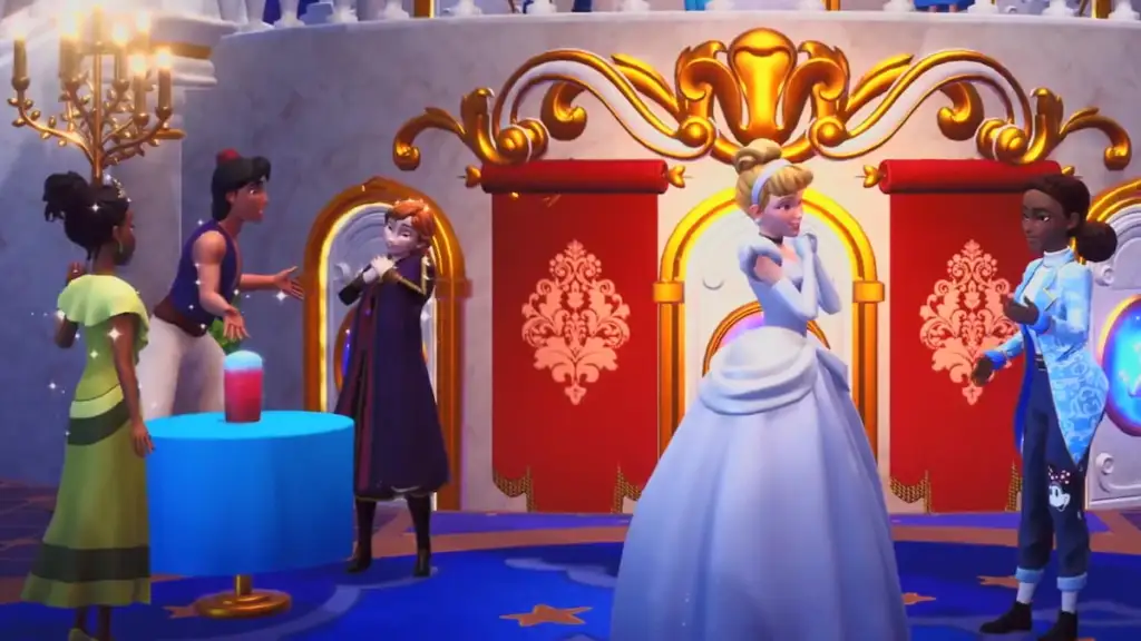 Cinderela, Tiana, Anna, Aladdin e o jogador participando de um baile no Disney Dreamlight Valley
