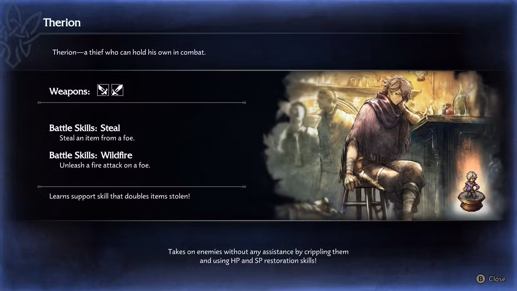 Uma captura de tela do Octopath Traveler 0 mostrando o kit do Therion