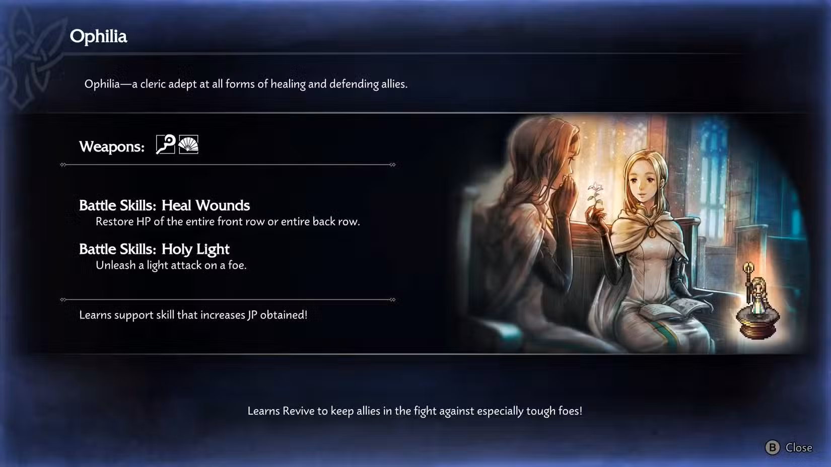 Uma captura de tela do Octopath Traveler 0 mostrando o kit de Ophilia