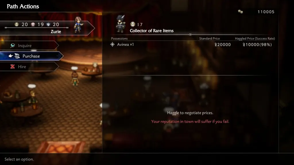 Esta captura de tela do Octopath Traveler 0 mostra o menu de um NPC chamado Colecionador de Itens Raros. Ele tem Avinea em sua posse e custa 20.000 ou 10.000 para pechinchar.