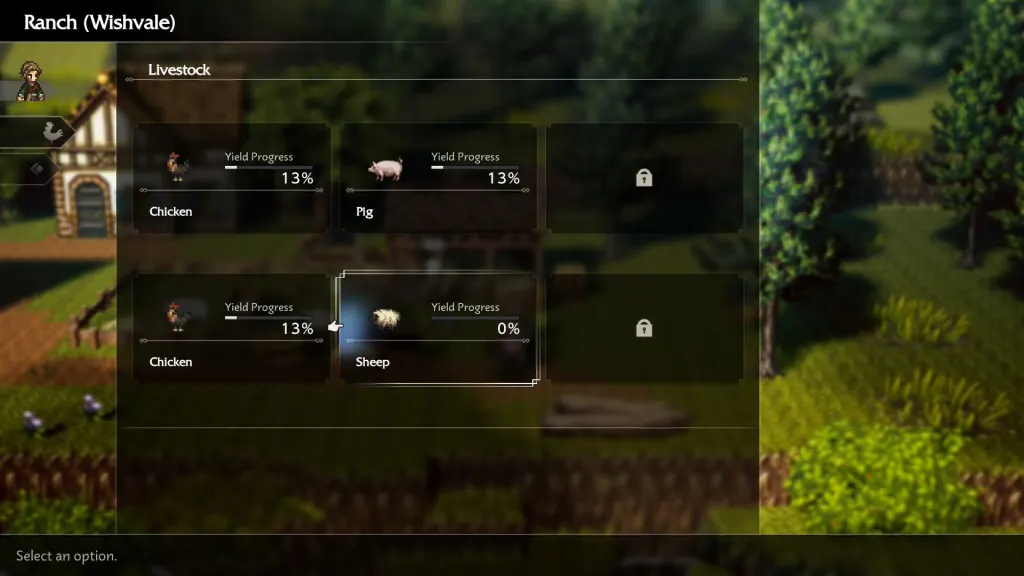 Uma captura de tela do Octopath Traveler 0 mostrando o menu do rancho e o progresso dos animais.