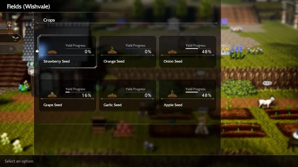 Uma captura de tela do Octopath Traveler 0 mostrando as colheitas e seu progresso por porcentagem.
