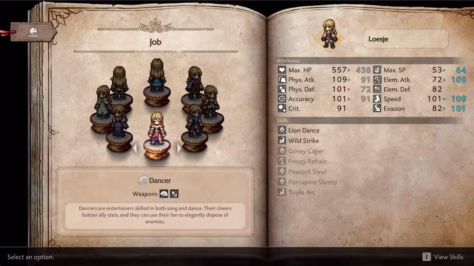 O trabalho de dançarino em Octopath Traveler 0.