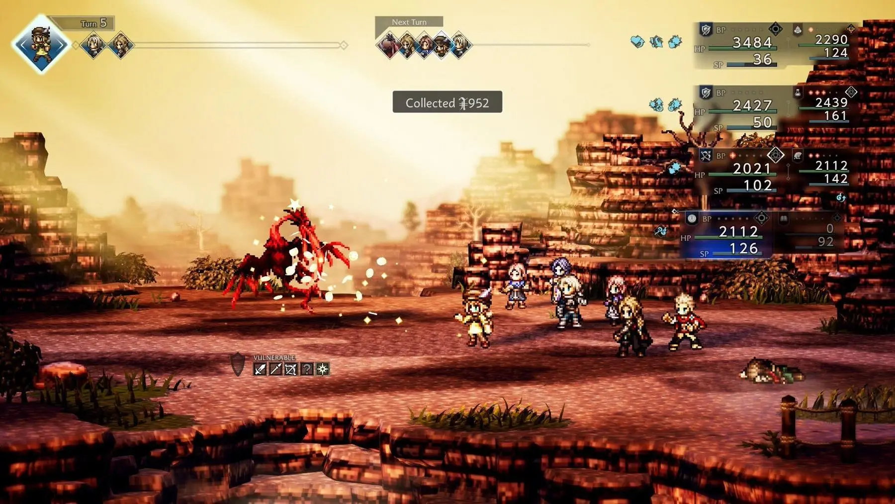 Uma captura de tela da tela de combate em Octopath Traveler 0 mostrando Tressa pegando 900 folhas de um inimigo.