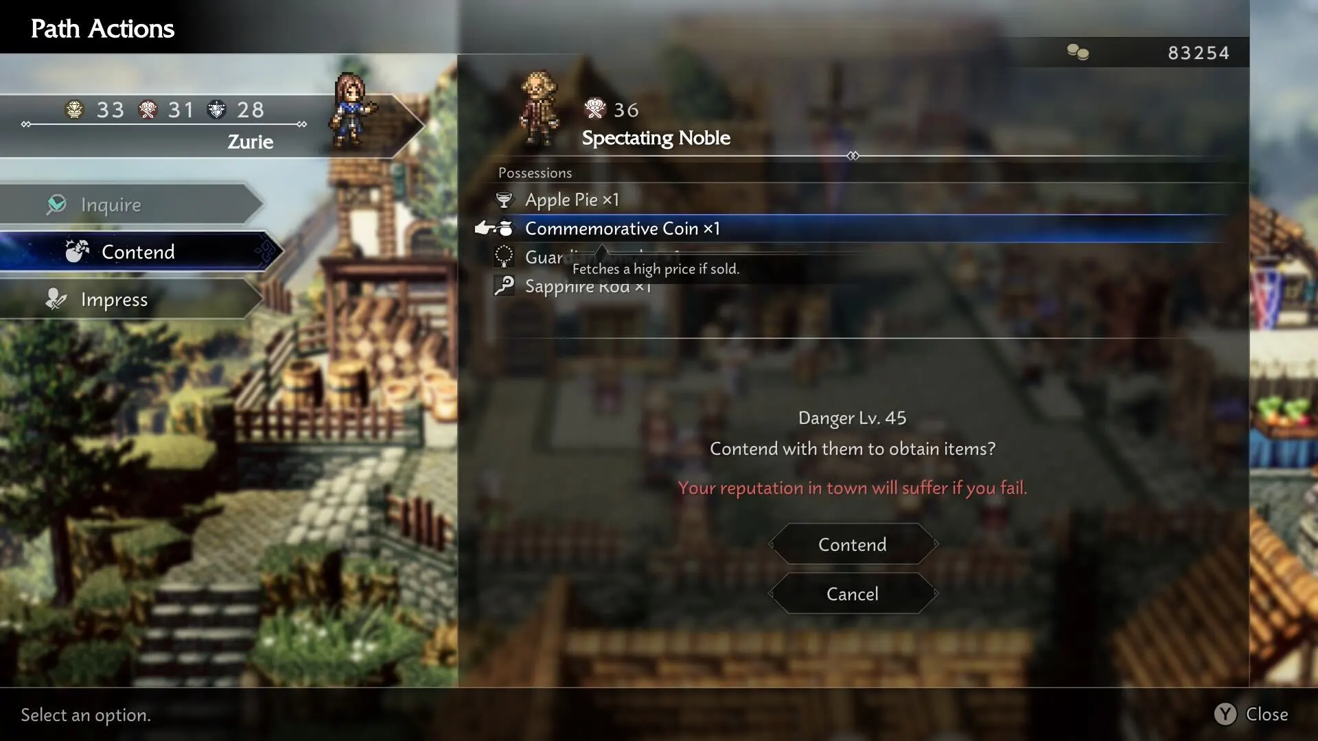 Uma tela de menu do Octopath Traveler 0 mostrando a ação do caminho para o Conteúdo com um Nobre Espectador que possui uma Moeda Comemorativa que renderia um "alto" preço.