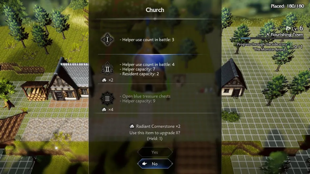 Uma captura de tela do menu de atualização da igreja no Octopath Traveler 0. Isso mostra os benefícios de cada atualização e quanto custam os Radiant Cornerstones.