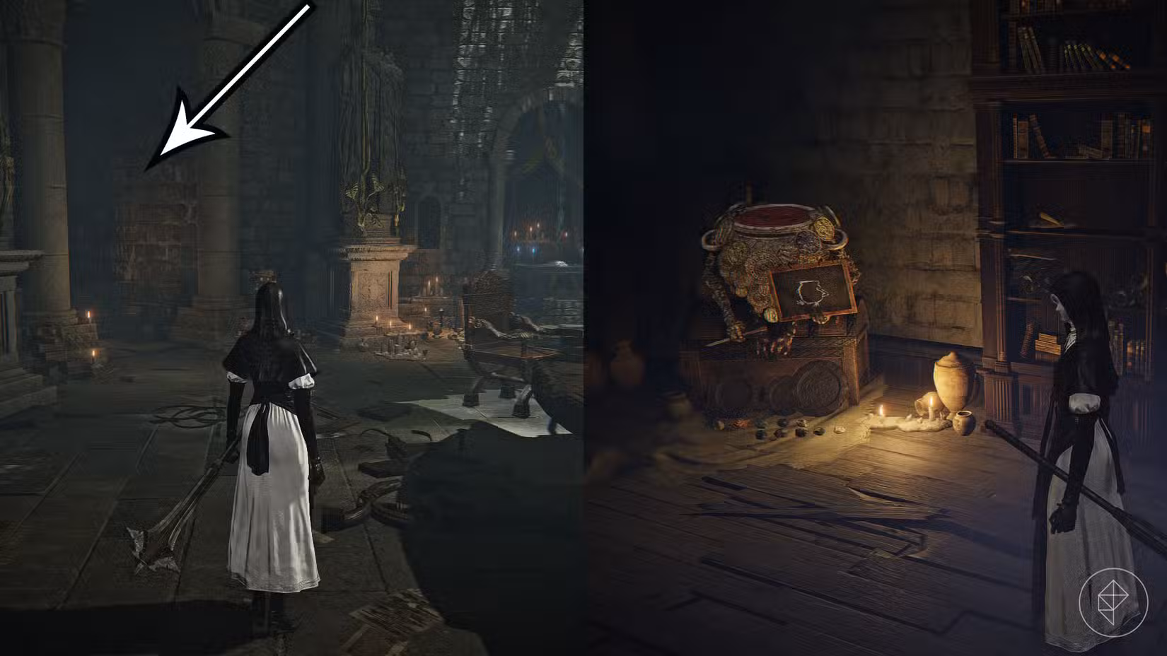 Uma montagem de duas capturas de tela de Elden Ring Nightreign mostrando o caminho para encontrar o Small Jar Bazaar