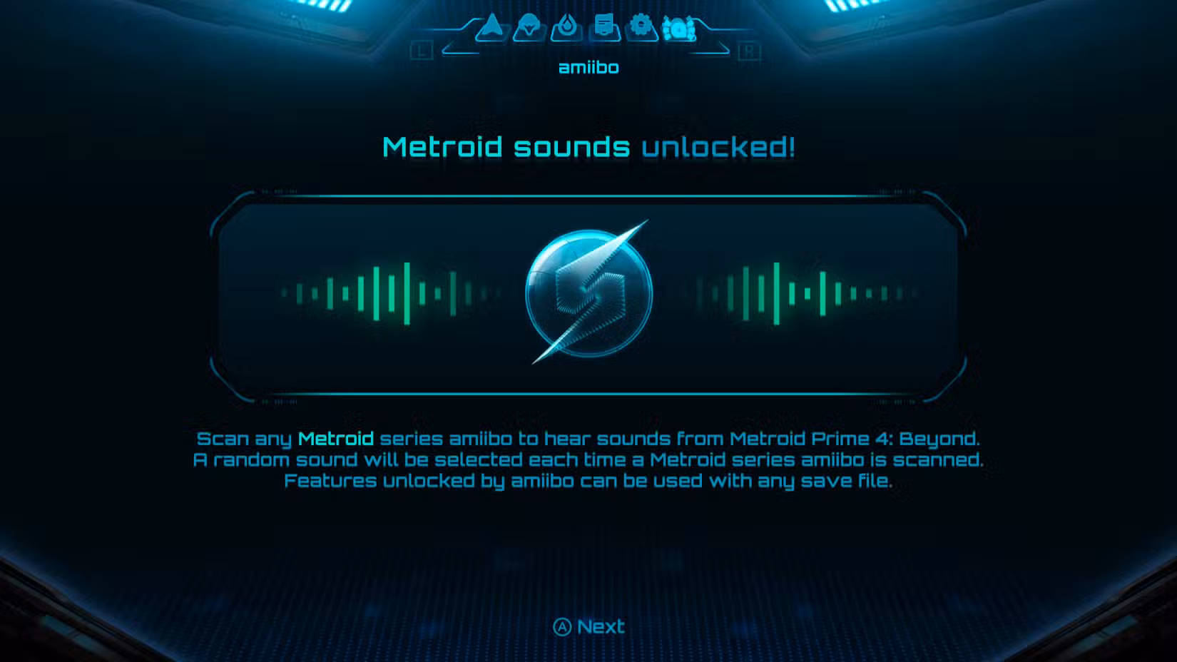 A tela de sons de Metroid em Metroid Prime 4
